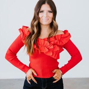 &Merci Ruffled Shoulder Top Size Large Red Off Shoulder Design Wide Neckline